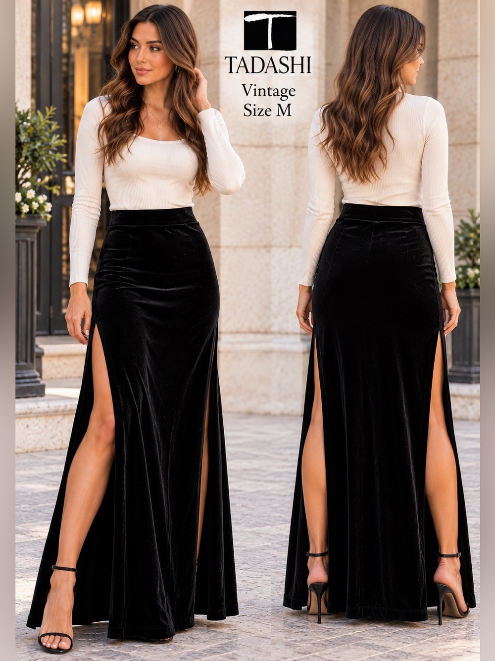 Tadashi Vintage jet Black Velvet Maxi Skirt medium Double Side Slit dark romance
